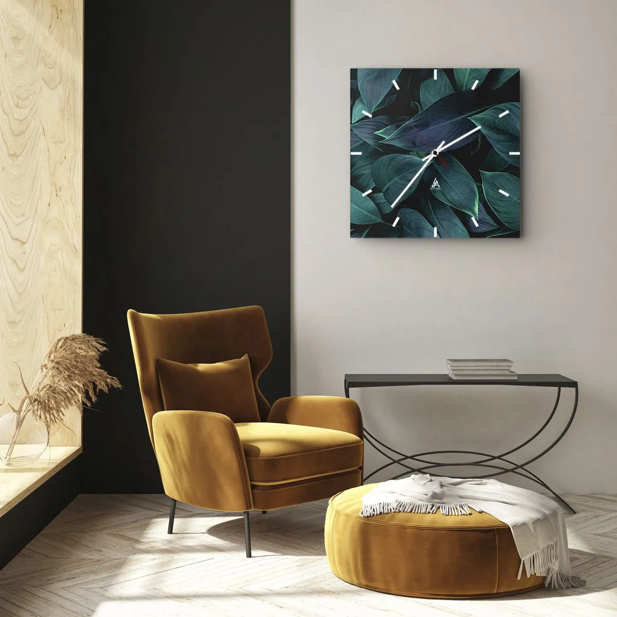 Wanduhr - Glasuhr - Nahaufnahme von grünen Blättern mit dunklem Hintergrund - 30x30cm - Grün in sich selbst - Moderne Wanddekoration für Wohnzimmer und Schlafzimmer ARTTOR