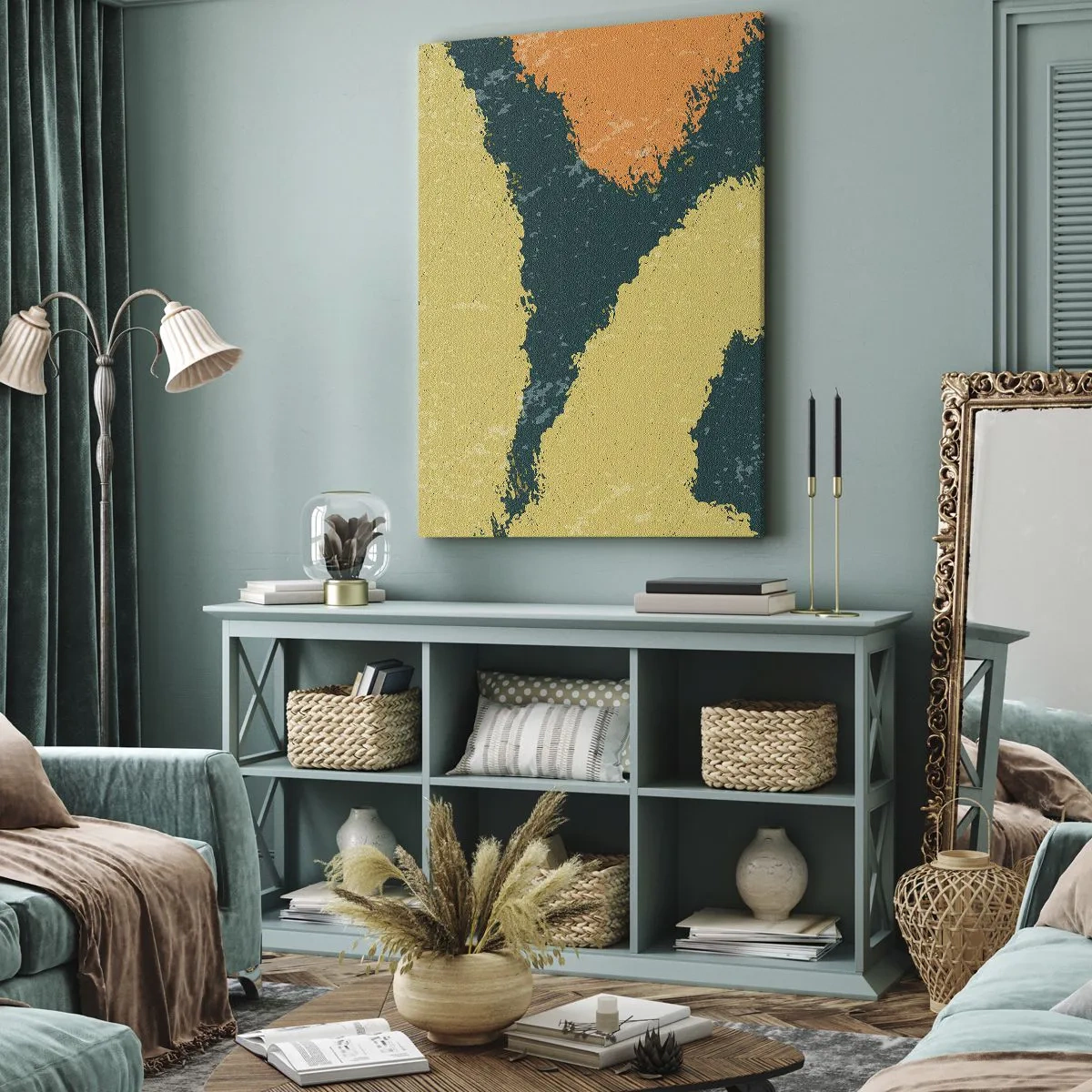 Bild auf Leinwand - Leinwandbild - Abstrakte Flecken in erdigen und grünen Farben - 80x120cm - Abstraktion – langsame Bewegung - Moderne Wanddekoration für Wohnzimmer und Schlafzimmer ARTTOR