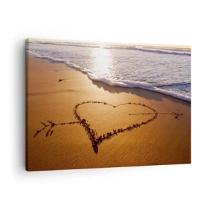 Bild auf Leinwand - Leinwandbild - Ein Herz aus Sand am Strand bei Sonnenuntergang - 70x50cm - Urlaubsgeständnis - Moderne Wanddekoration für Wohnzimmer und Schlafzimmer ARTTOR
