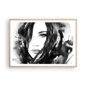 Poster in einem Rahmen aus heller Eiche - Porträt einer Dame in Schwarzweiß - 100x70 cm