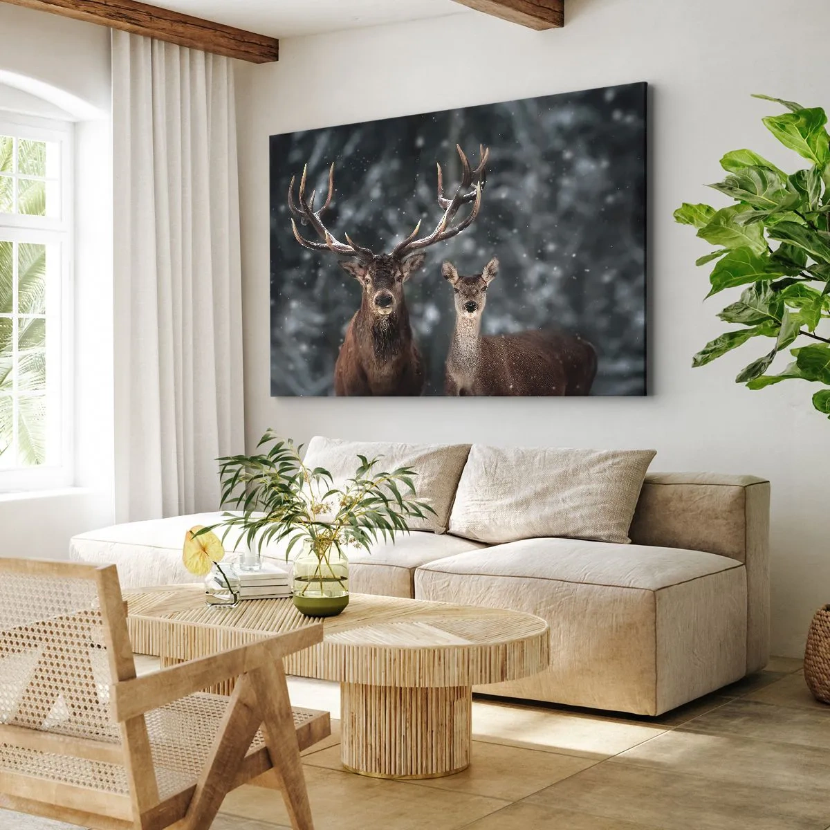 Bild auf Leinwand - Leinwandbild - Hirsche im verschneiten Winterwald - 100x70cm - Herr des Waldes mit seiner Frau - Moderne Wanddekoration für Wohnzimmer und Schlafzimmer ARTTOR