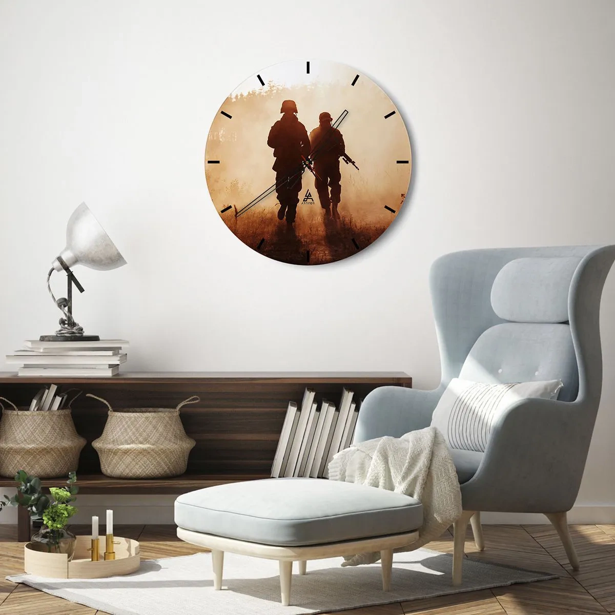 Wanduhr - Glasuhr - Silhouetten von Soldaten im Morgennebel vor dem Hintergrund der Natur - 30x30cm - Ruf der Pflicht - Moderne Wanddekoration für Wohnzimmer, Küche und Schlafzimmer ARTTOR