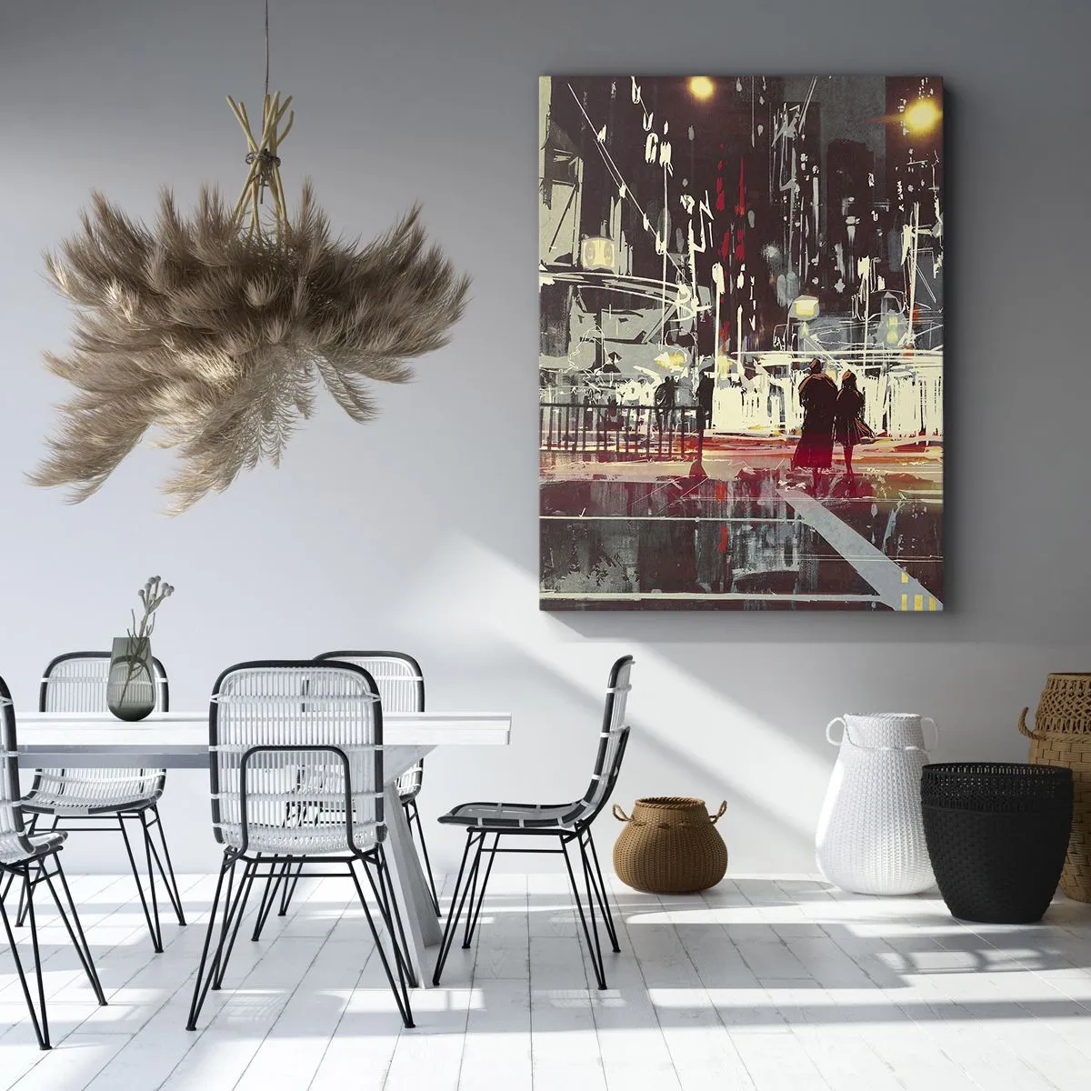 Bild auf Leinwand - Leinwandbild - Stadt bei Nacht mit Neonlichtern und Silhouetten von Menschen auf der Straße - 50x70cm - Eine große Stadtüberquerung - Moderne Wanddekoration für Wohnzimmer und Schlafzimmer ARTTOR