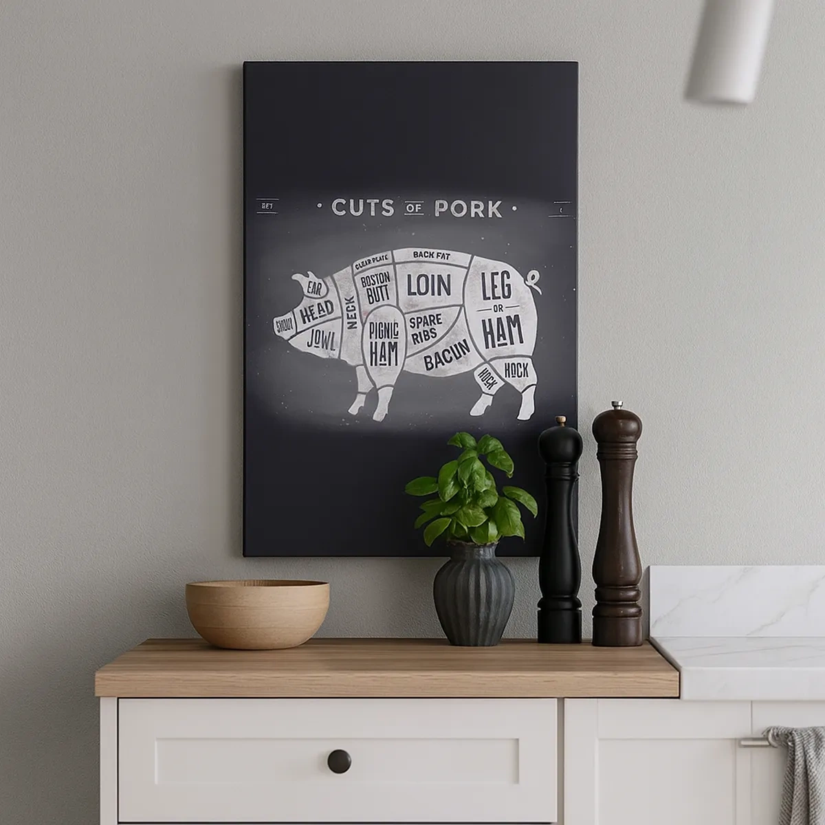 Bild auf Leinwand - Leinwandbild - Diagramm von Schweinefleischstücken auf schwarzem Hintergrund - 50x70cm - Metzger Grundierung - Moderne Wanddekoration für Wohnzimmer und Schlafzimmer ARTTOR