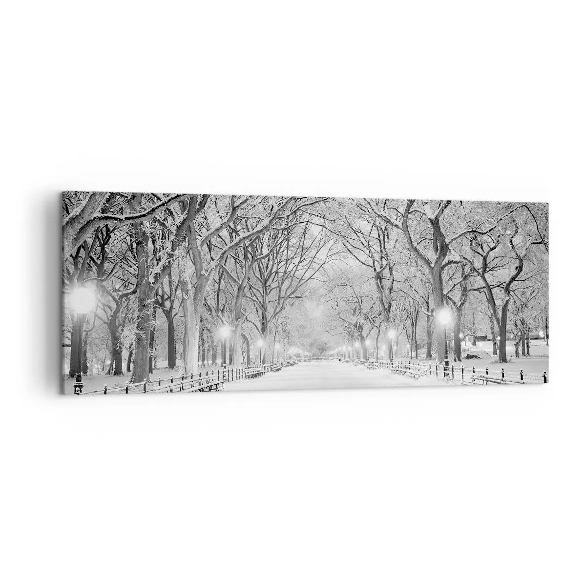 Bild auf Leinwand - Leinwandbild - Eine Winterallee mit schneebedeckten Bäumen in Monochrom - 140x50cm - Vier Jahreszeiten - Winter - Moderne Wanddekoration für Wohnzimmer und Schlafzimmer ARTTOR