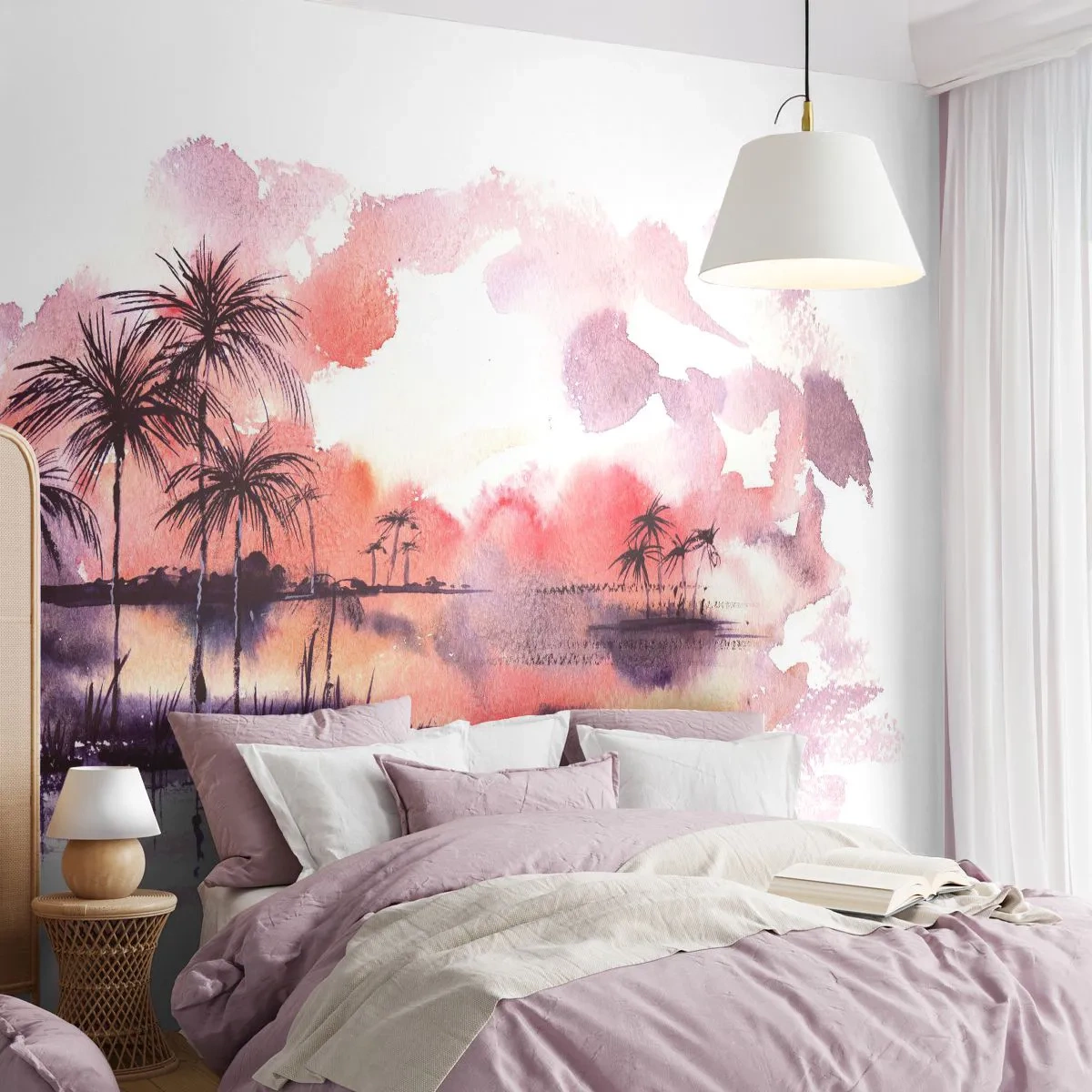 Fototapete Premium Sand - Sonnenuntergang über einer tropischen Landschaft in Aquarell - 100x70cm - Die Ruhe der Tropen in Rot - Moderne Wanddekoration für Wohnzimmer und Schlafzimmer ARTTOR