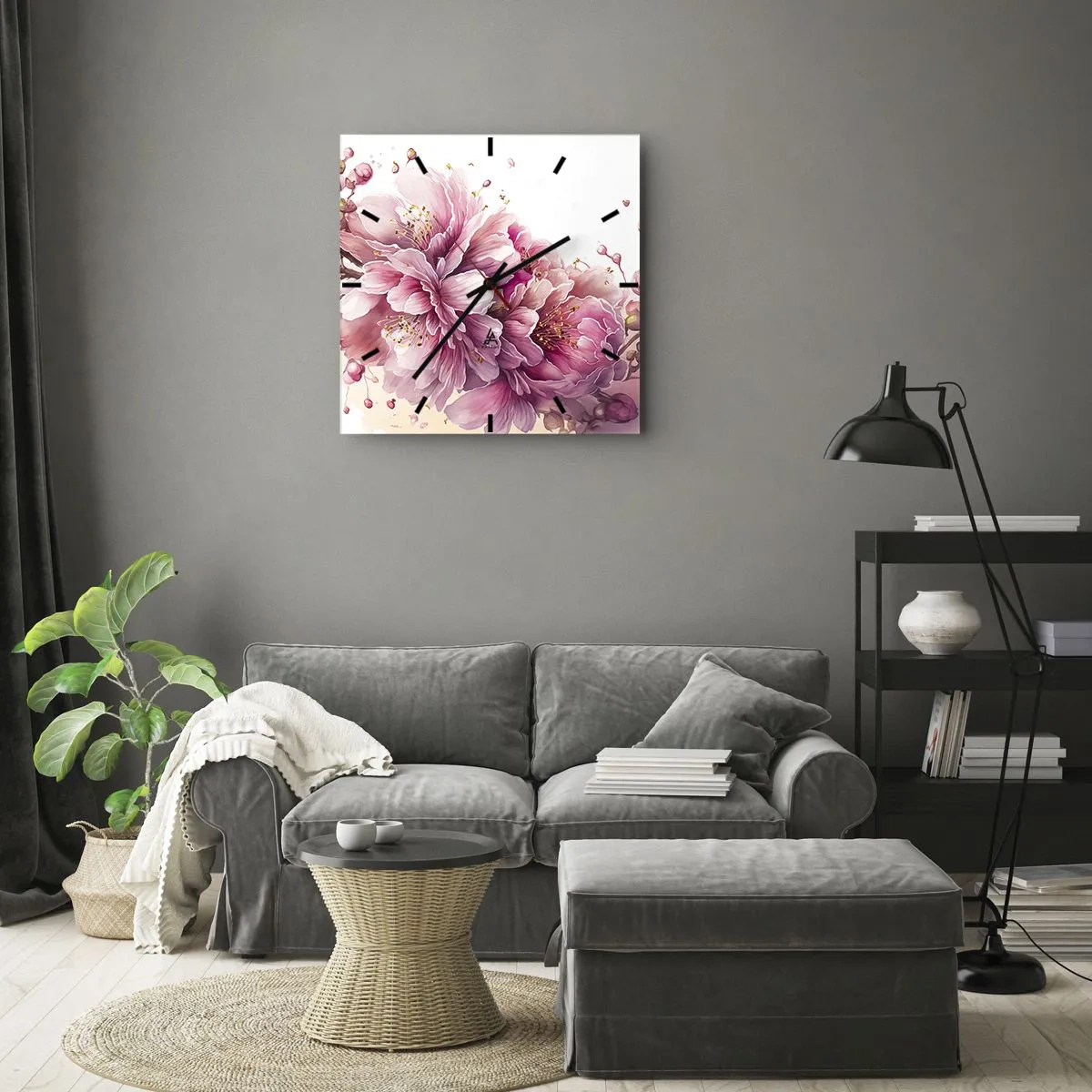 Wanduhr - Glasuhr - Zarte Kirschblüten in voller Blüte vor hellem Hintergrund - 30x30cm - Kirschblütenblüte - Moderne Wanddekoration für Wohnzimmer und Schlafzimmer ARTTOR
