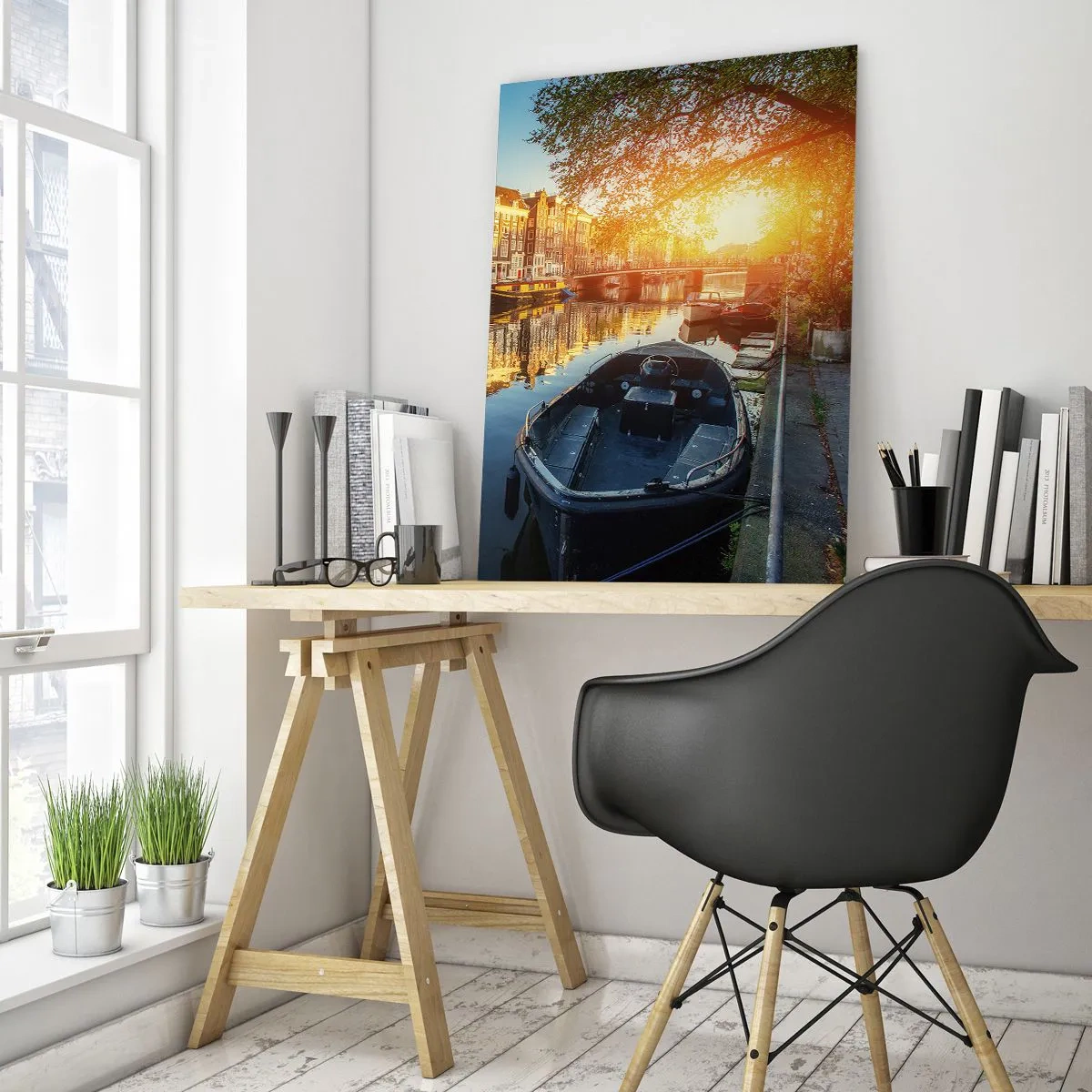 Glasbild - Bild auf glas - Amsterdamer Kanal bei Sonnenuntergang - 50x70cm - Morgen in Amsterdam - Moderne Wanddekoration für Wohnzimmer und Schlafzimmer ARTTOR