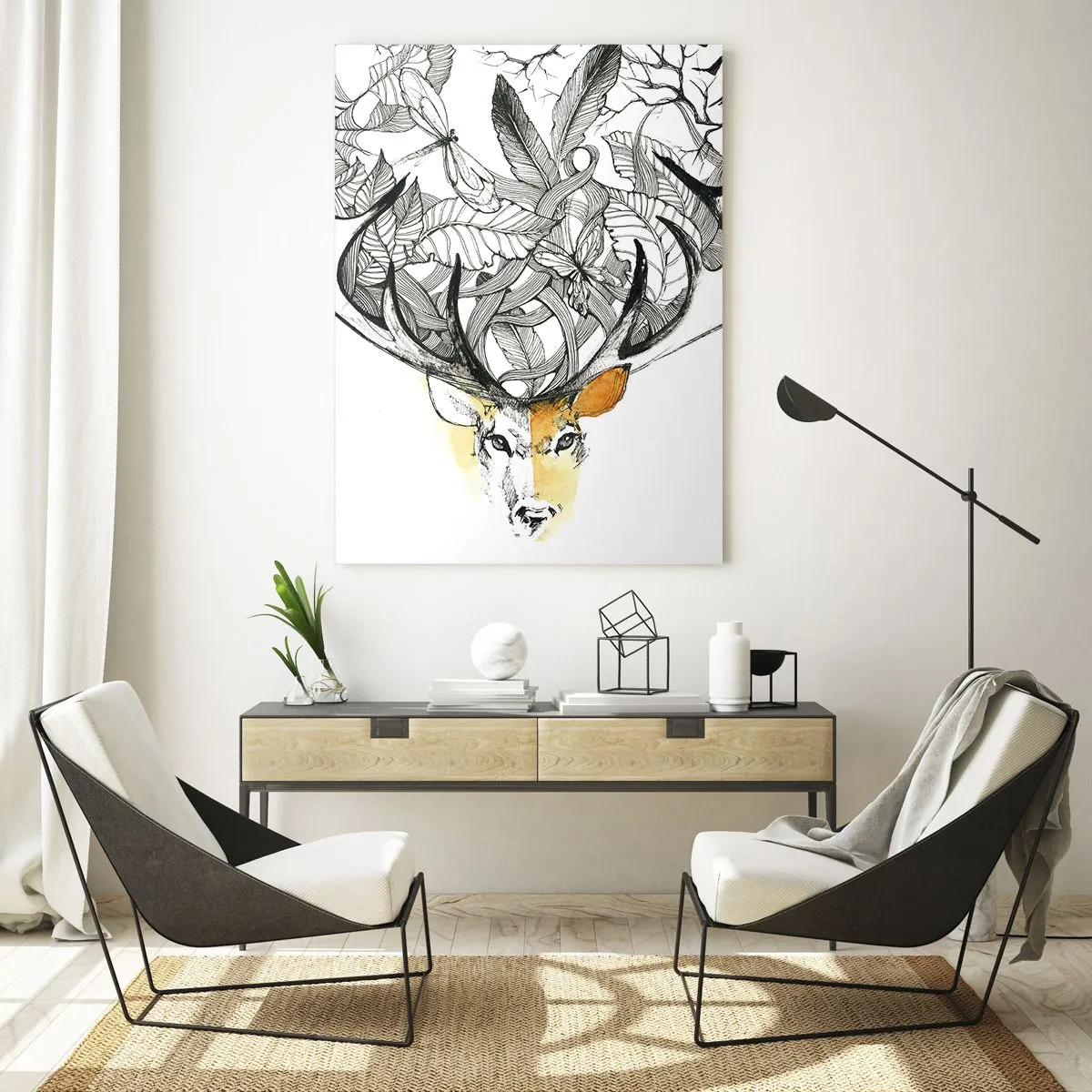 Glasbild - Bild auf glas - Dezente Hirschgrafik mit dekorativem Geweih - 70x100cm - Ecken des Überflusses - Moderne Wanddekoration für Wohnzimmer und Schlafzimmer ARTTOR