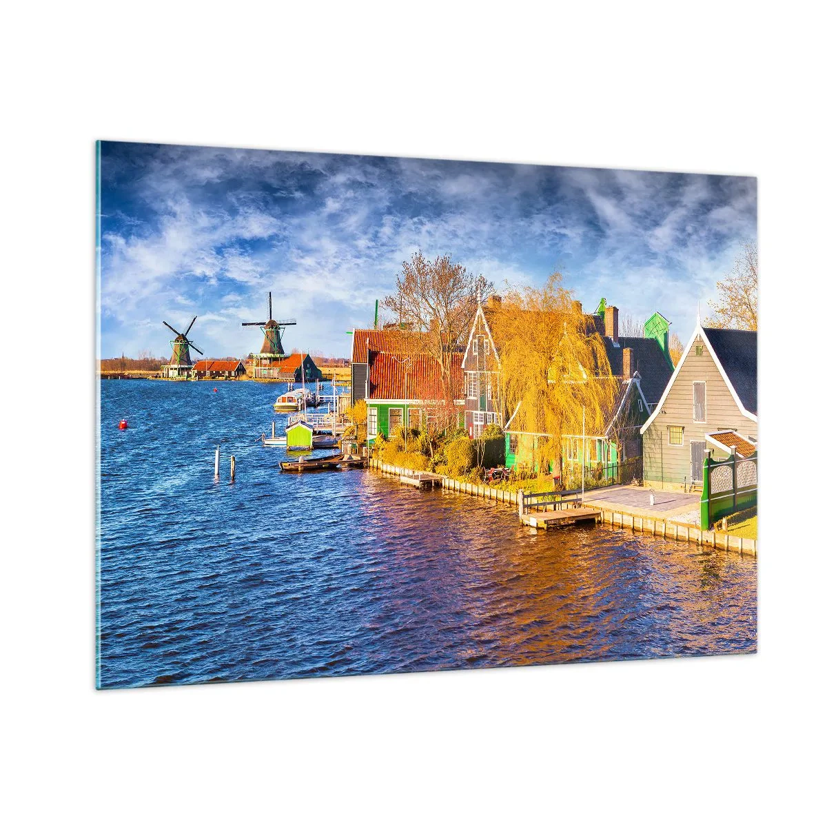 Glasbild - Bild auf glas - Malerische holländische Häuser am Wasser mit Windmühlen - 100x70cm - Seit Jahrhunderten keine Veränderung - Moderne Wanddekoration für Wohnzimmer und Schlafzimmer ARTTOR