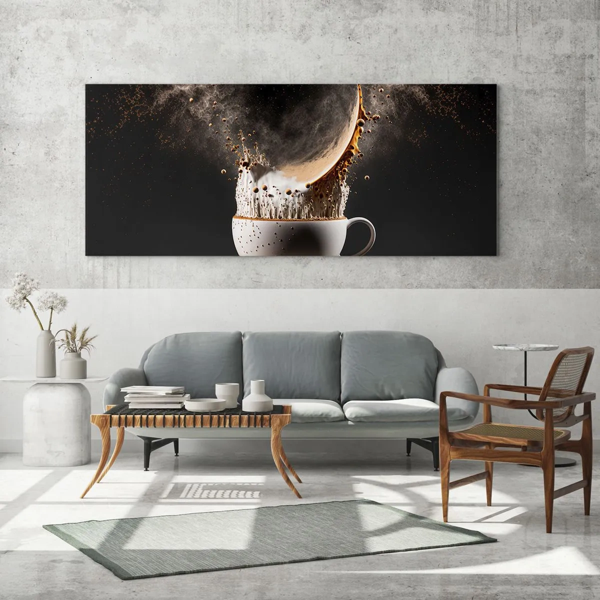 Glasbild - Bild auf glas - Eine Tasse Kaffee mit einer dynamischen Flüssigkeitsexplosion auf schwarzem Hintergrund. - 120x50cm - Geschmacksexplosion - Moderne Wanddekoration für Wohnzimmer und Schlafzimmer ARTTOR
