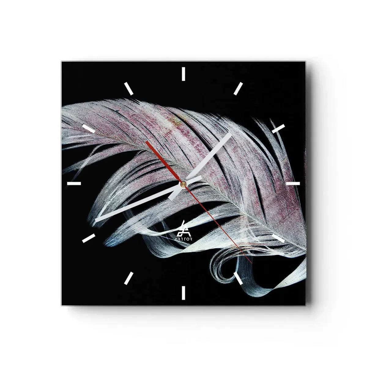 Wanduhr - Glasuhr - Eine zarte Feder auf schwarzem Hintergrund in einem künstlerischen Ansatz - 30x30cm - Denke an Berührung - Moderne Wanddekoration für Wohnzimmer und Schlafzimmer ARTTOR