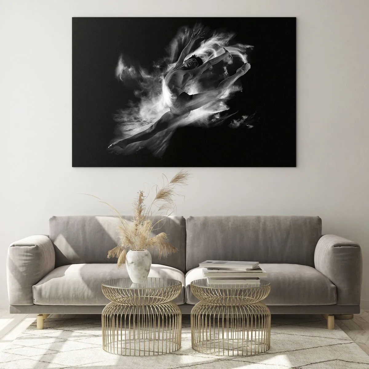 Glasbild - Bild auf glas - Schwarz-weiße Silhouette einer Tänzerin in dynamischer Bewegung - 70x50cm - Im Flug hängen geblieben - Moderne Wanddekoration für Wohnzimmer und Schlafzimmer ARTTOR