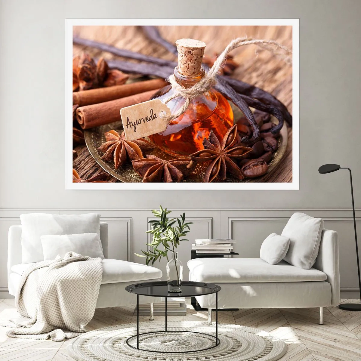 Poster - Eine Flasche Gewürzöl auf einem Tablett - 100x70cm - Zur Einheit von Körper und Geist - Moderne Wanddekoration für Wohnzimmer und Schlafzimmer ARTTOR