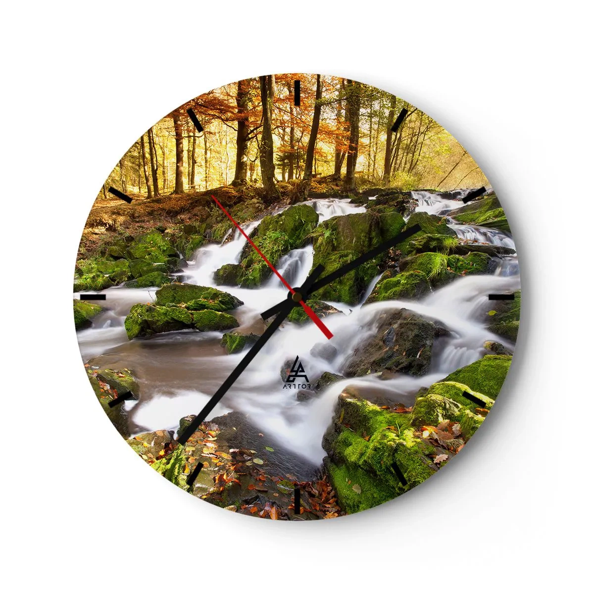 Wanduhr - Glasuhr - Herbstwald mit Bach und grünen Flechten auf den Felsen - 30x30cm - Rasch durch den herbstlichen Wald - Moderne Wanddekoration für Wohnzimmer, Küche und Schlafzimmer ARTTOR