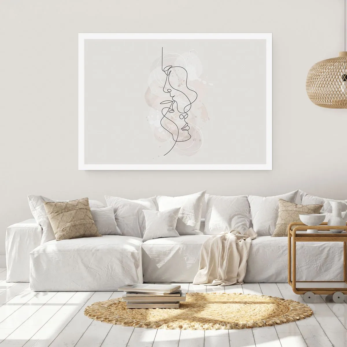 Poster - Abstrakte Umrisse zweier Gesichter auf hellem Hintergrund - 100x70cm - Verstrickt in eine Umarmung - Moderne Wanddekoration für Wohnzimmer und Schlafzimmer ARTTOR