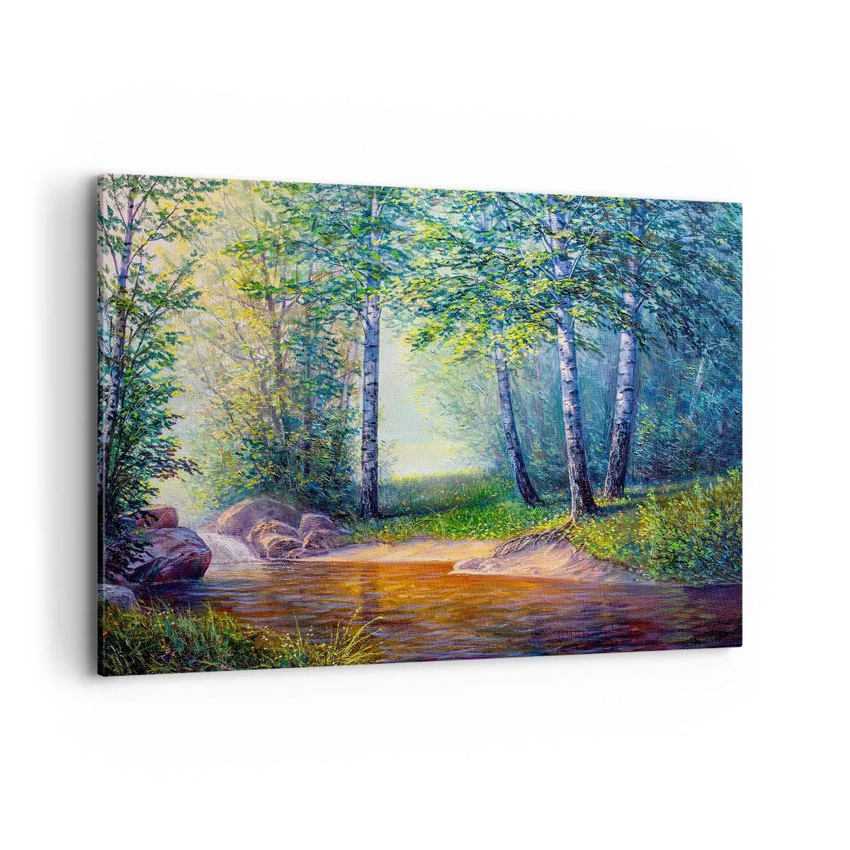 Bild auf Leinwand - Leinwandbild - Ein Waldbach, umgeben von Birken und Sonnenschein - 120x80cm - Idyllische Landschaft - Moderne Wanddekoration für Wohnzimmer und Schlafzimmer ARTTOR