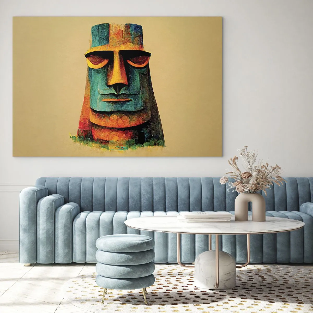 Glasbild - Bild auf glas - Ein farbenfrohes Porträt, inspiriert von einer Steinstatue auf beigem Hintergrund. - 70x50cm - Statuenhaft und sympathisch - Moderne Wanddekoration für Wohnzimmer und Schlafzimmer ARTTOR
