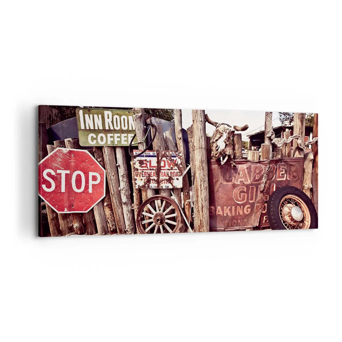 Bild auf Leinwand - Leinwandbild - Rustikale Dekoration mit Schildern und einem Rad am Zaun - 120x50cm - Und die Zeit ist stehen geblieben - Moderne Wanddekoration für Wohnzimmer und Schlafzimmer ARTTOR