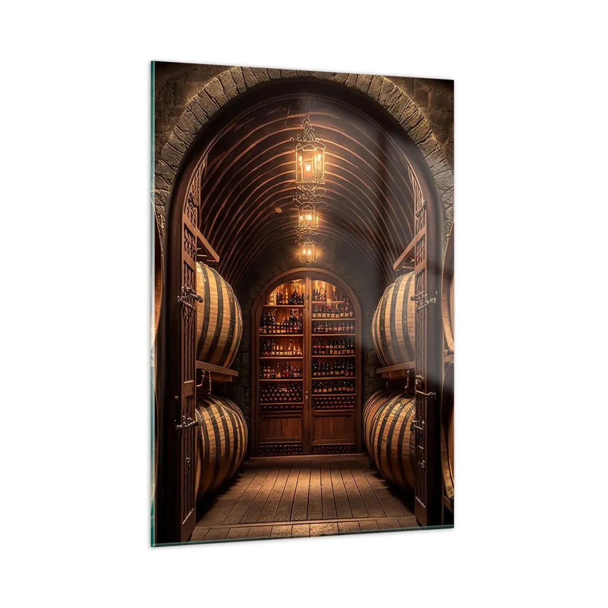 Glasbild - Bild auf glas - Ein Weinberg mit Fässern und einem beleuchteten Keller voller Flaschen - 50x70cm - Stimmungsvoller Keller - Moderne Wanddekoration für Wohnzimmer und Schlafzimmer ARTTOR