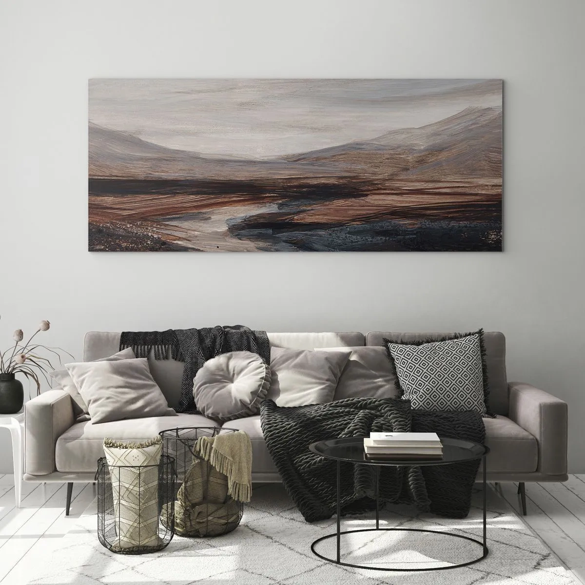 Glasbild - Bild auf glas - Eine malerische Landschaft mit Fluss und Bergen - 140x50cm - Ruhiges Tal - Moderne Wanddekoration für Wohnzimmer und Schlafzimmer ARTTOR