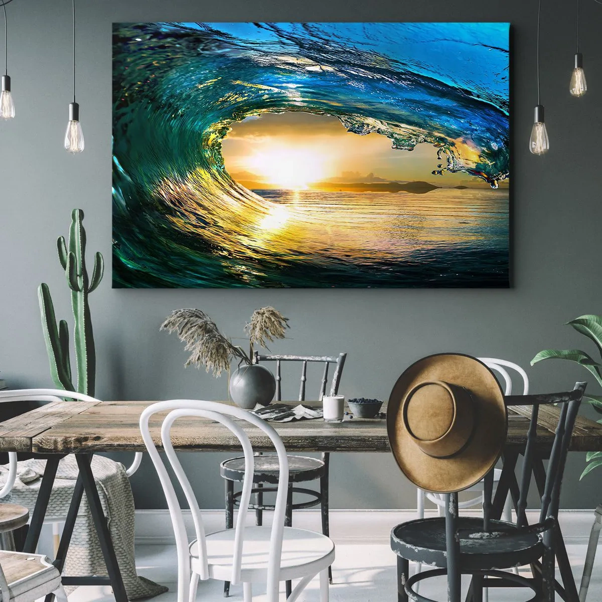 Bild auf Leinwand - Leinwandbild - Meereswelle in der Sonne mit Blick auf den Horizont - 70x50cm - In einem smaragd-goldenen Kristall - Moderne Wanddekoration für Wohnzimmer und Schlafzimmer ARTTOR