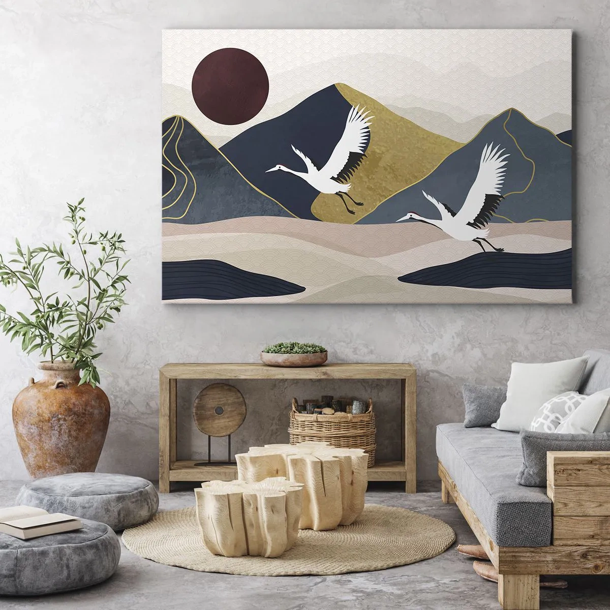 Bild auf Leinwand - Leinwandbild - Kraniche im Flug vor der Kulisse der Berge und einer roten Sonne - 100x70cm - Es ist wieder ein Tag VERFLOGEN - Moderne Wanddekoration für Wohnzimmer und Schlafzimmer ARTTOR