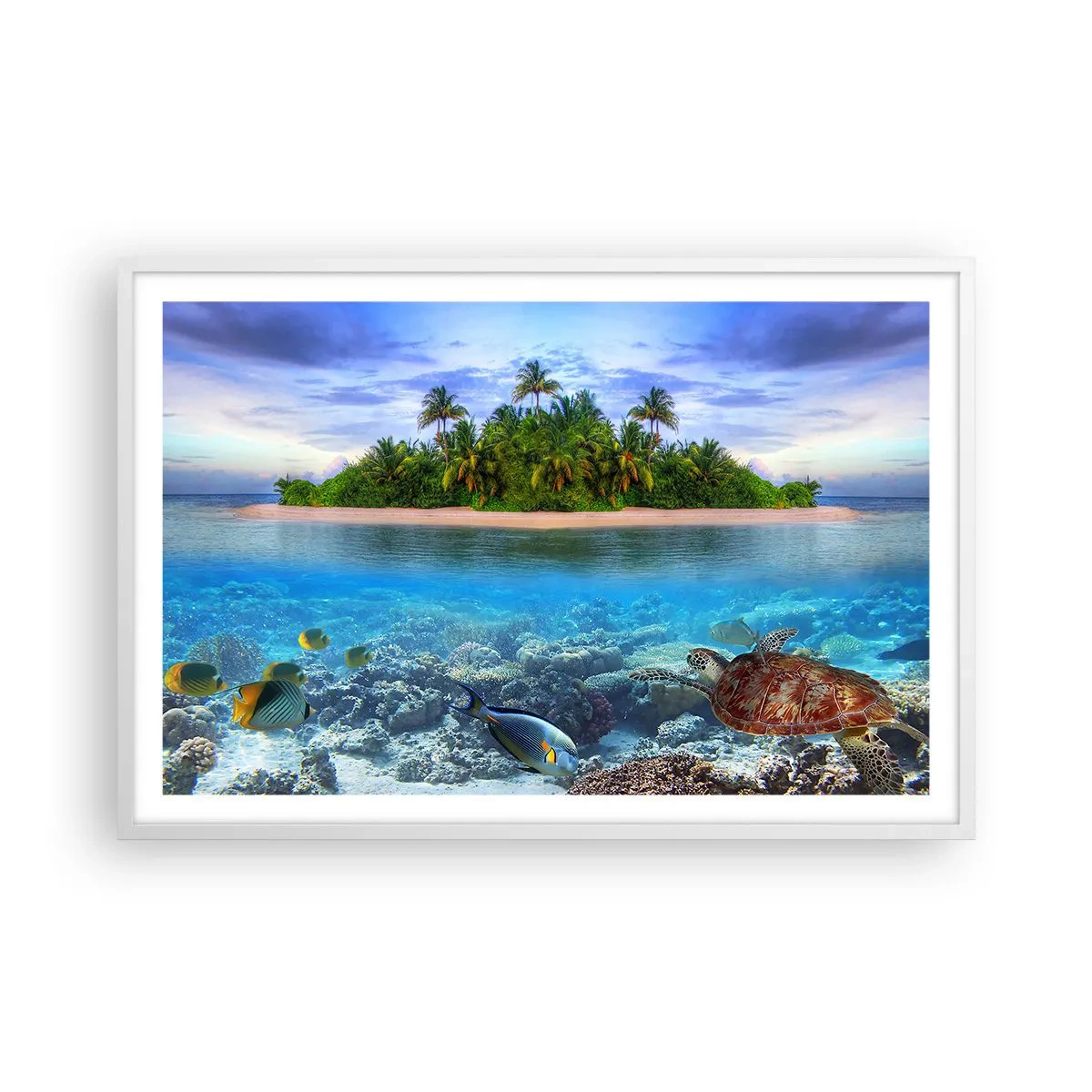 Poster in einem weißen Rahmen - Heavenly Island lädt dich ein - 91x61 cm