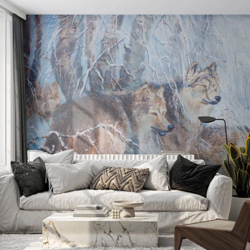 Fototapete Premium Sand - Beachtung! Hier kommt ... - Tiere, Wölfe, Wald - 200x140 cm