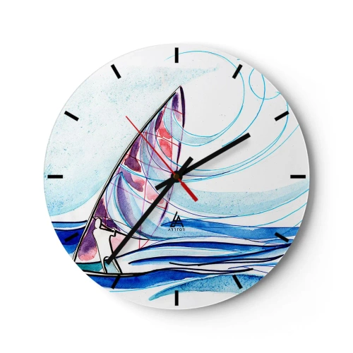 Wanduhr - Glasuhr - Ein Segelboot auf stürmischer See in dynamischer, abstrakter Form - 30x30cm - Mit dem Wind im Rhythmus der Wellen - Moderne Wanddekoration für Wohnzimmer, Küche und Schlafzimmer ARTTOR