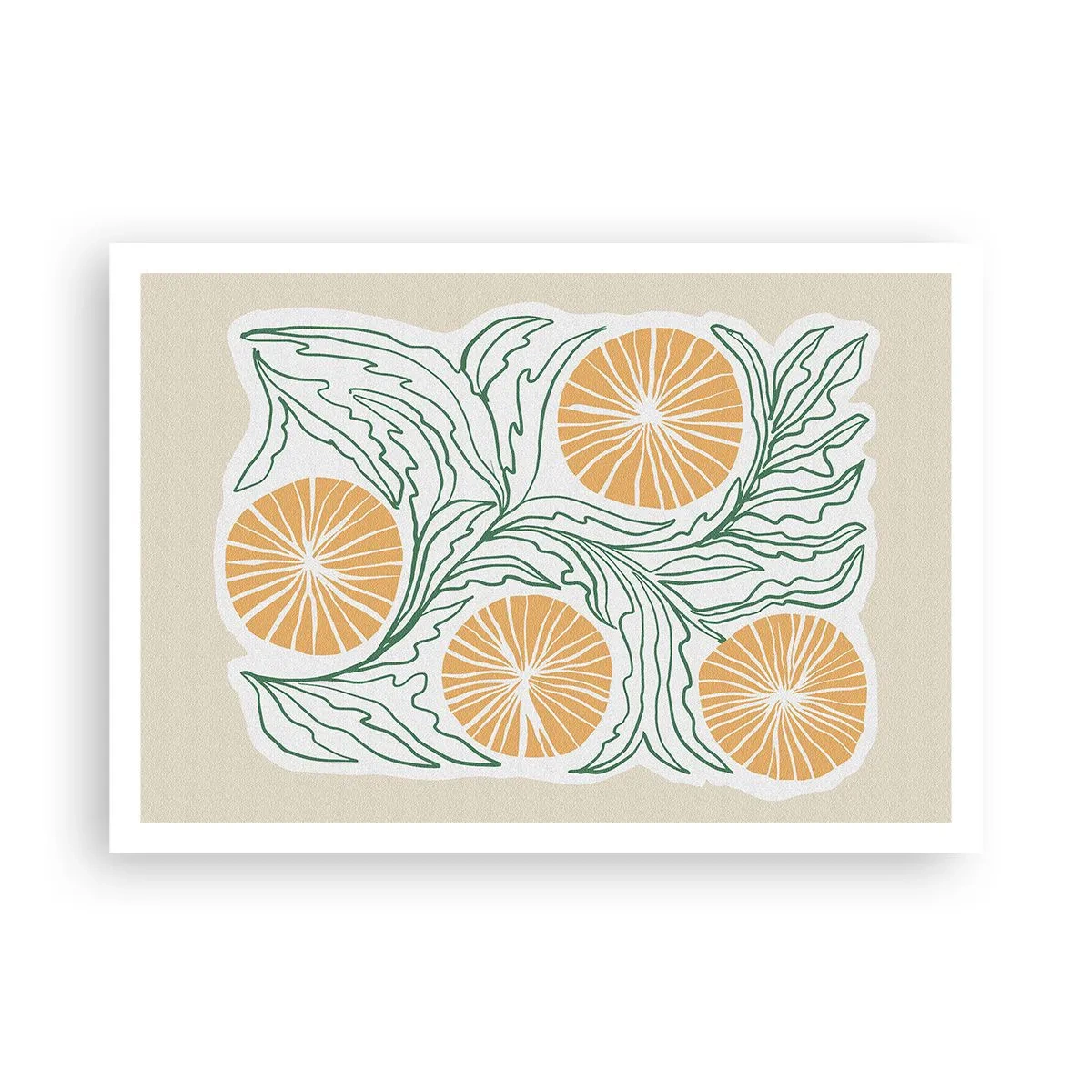 Poster - Ein minimalistisches orangefarbenes Motiv mit grünen Blättern - 100x70cm - Ethnisch mit einem Hauch von Abstraktion - Moderne Wanddekoration für Wohnzimmer und Schlafzimmer ARTTOR