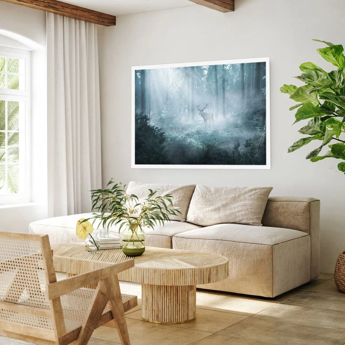 Poster - Ein Hirsch in einem dichten Wald, eingehüllt in Morgennebel - 100x70cm - Morgenvisite auf dem Grundstück - Moderne Wanddekoration für Wohnzimmer und Schlafzimmer ARTTOR