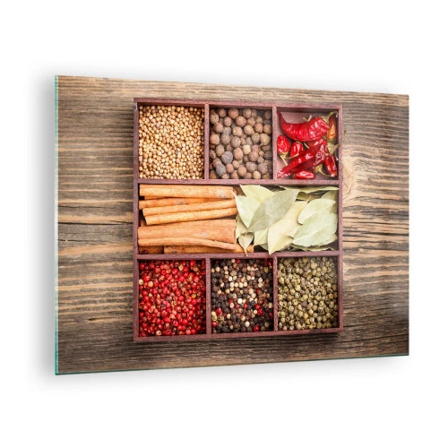 Glasbild - Bild auf glas - Bunte Gewürze in Holzfächern - 70x50cm - Ordnung der Formen, Bouquet von Aromen - Moderne Wanddekoration für Wohnzimmer und Schlafzimmer ARTTOR