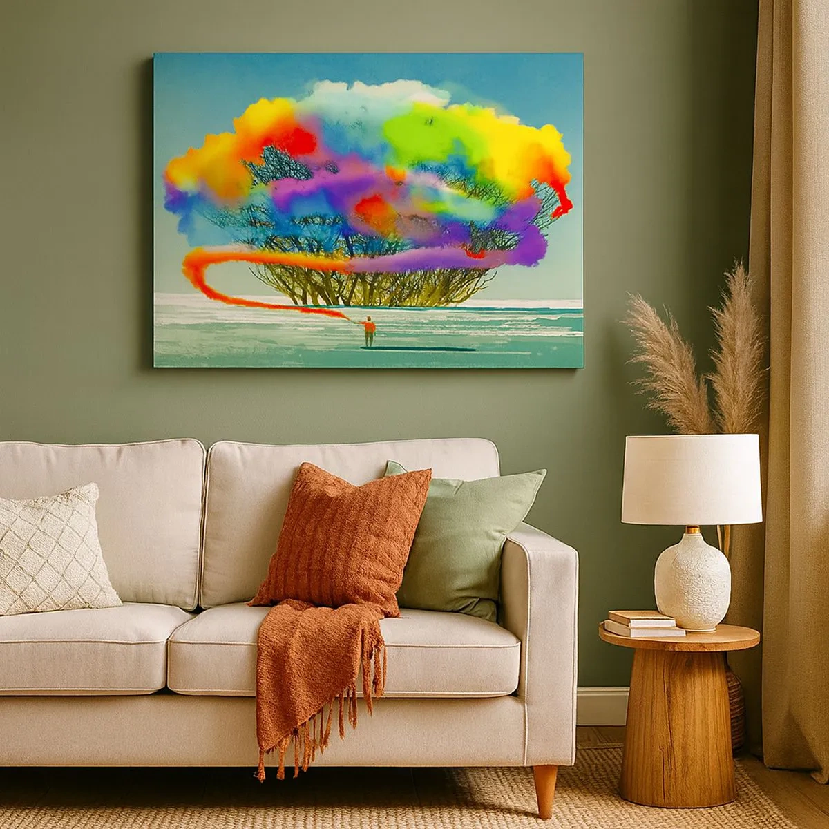 Bild auf Leinwand - Leinwandbild - Eine Figur mit farbigem Rauch im Hintergrund eines Baumes in der Wildnis - 70x50cm - Erwecke diese Welt zum Leben - Moderne Wanddekoration für Wohnzimmer und Schlafzimmer ARTTOR