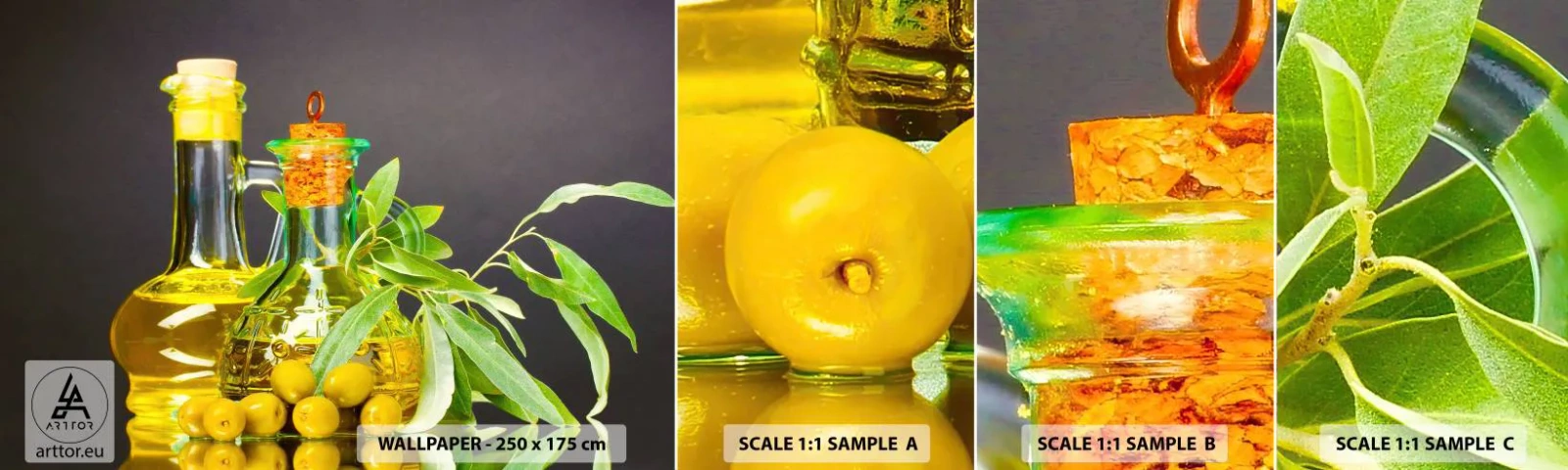 Fototapetenmuster Standard Eco - Stillleben mit Oliven und Olivenöl - Gastronomie, Oliven, Öl - 100x30 cm