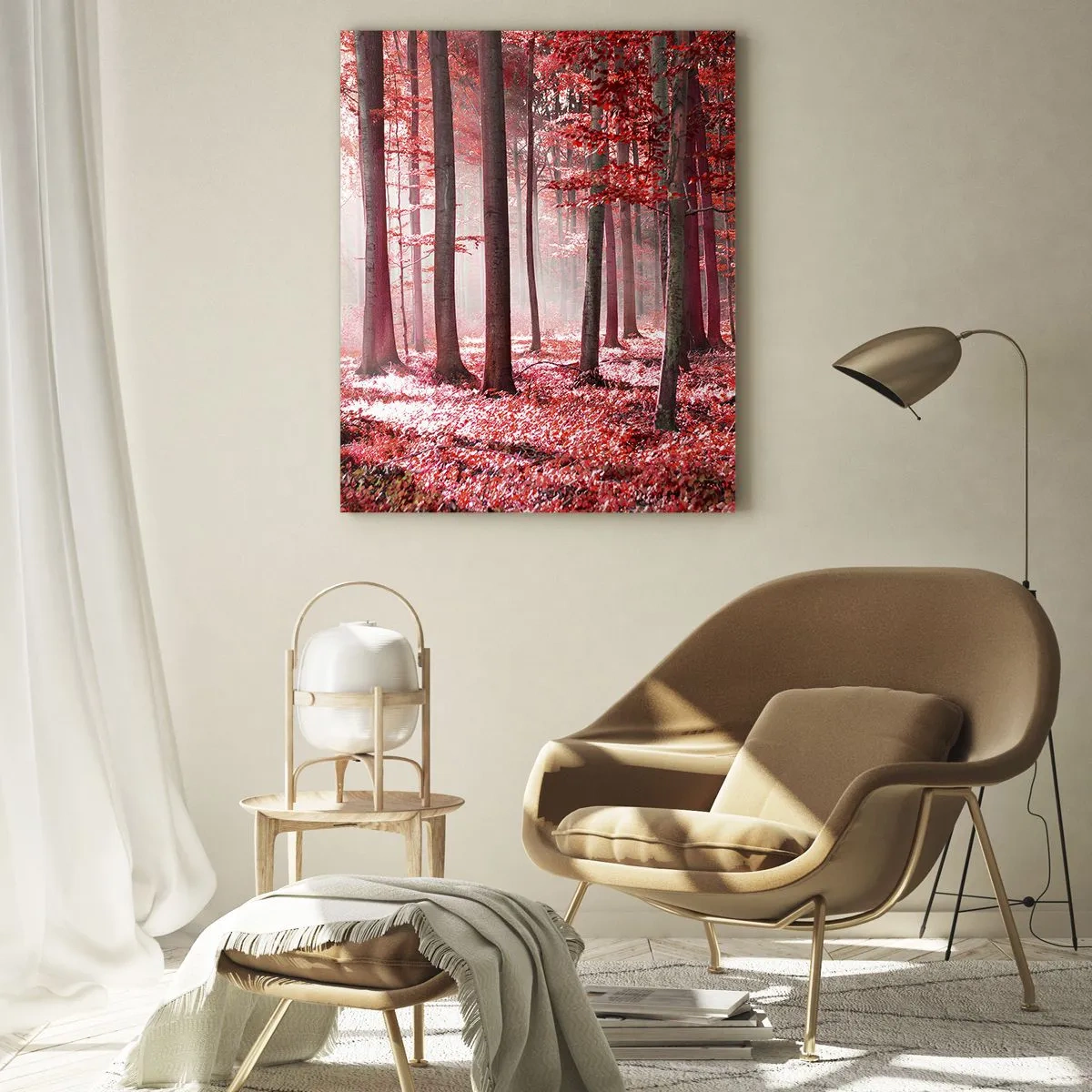 Glasbild - Bild auf glas - Herbstwald in roten Farben und Morgennebel - 50x70cm - Rot ist genauso schön - Moderne Wanddekoration für Wohnzimmer und Schlafzimmer ARTTOR