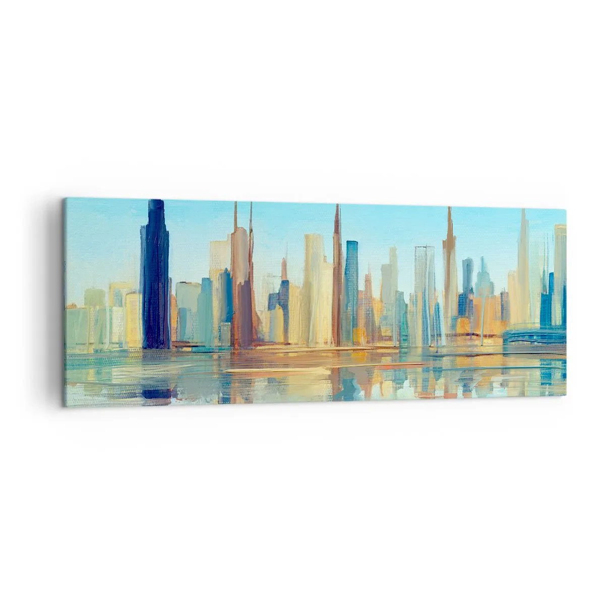 Bild auf Leinwand - Leinwandbild - Ein Panorama der Stadt in warmen Farben mit Spiegelung im Wasser - 140x50cm - Sonnige Metropole - Moderne Wanddekoration für Wohnzimmer und Schlafzimmer ARTTOR