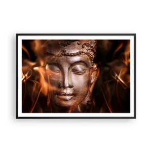Poster in einem schwarzem Rahmen - Eine Buddha-Statue inmitten von Flammen in goldenen Farbtönen - 100x70cm - Es existiert nur hier und jetzt - Moderne Wanddekoration für Wohnzimmer und Schlafzimmer ARTTOR