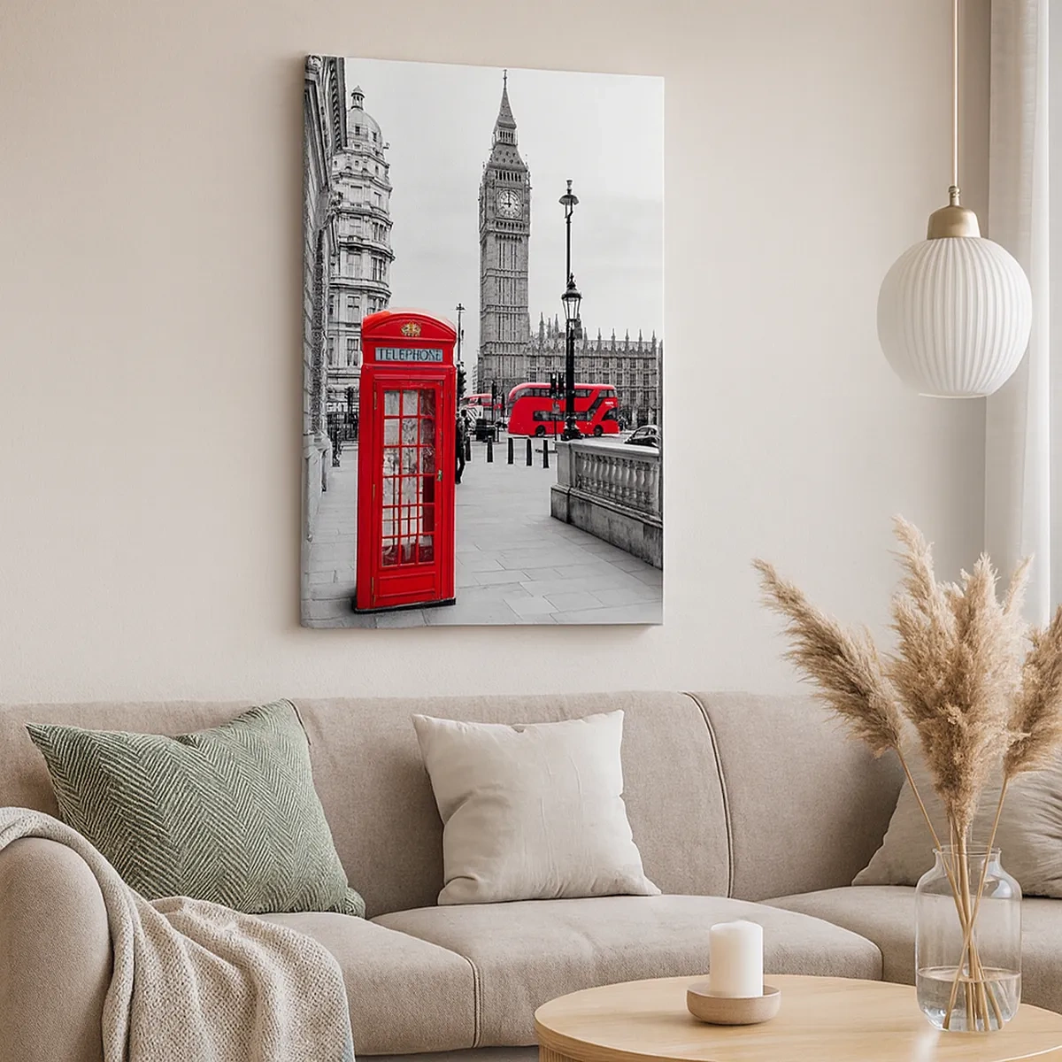 Bild auf Leinwand - Leinwandbild - Eine rote Telefonzelle mit Big Ben im Hintergrund in London - 50x70cm - London, ohne Zweifel - Moderne Wanddekoration für Wohnzimmer und Schlafzimmer ARTTOR