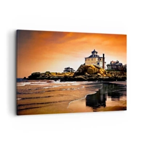 Bild auf Leinwand - Leinwandbild - Ein Haus auf einem Felsen am Strand bei Sonnenuntergang mit seiner Spiegelung im Wasser - 120x80cm - Eleganz der Westküste - Moderne Wanddekoration für Wohnzimmer und Schlafzimmer ARTTOR