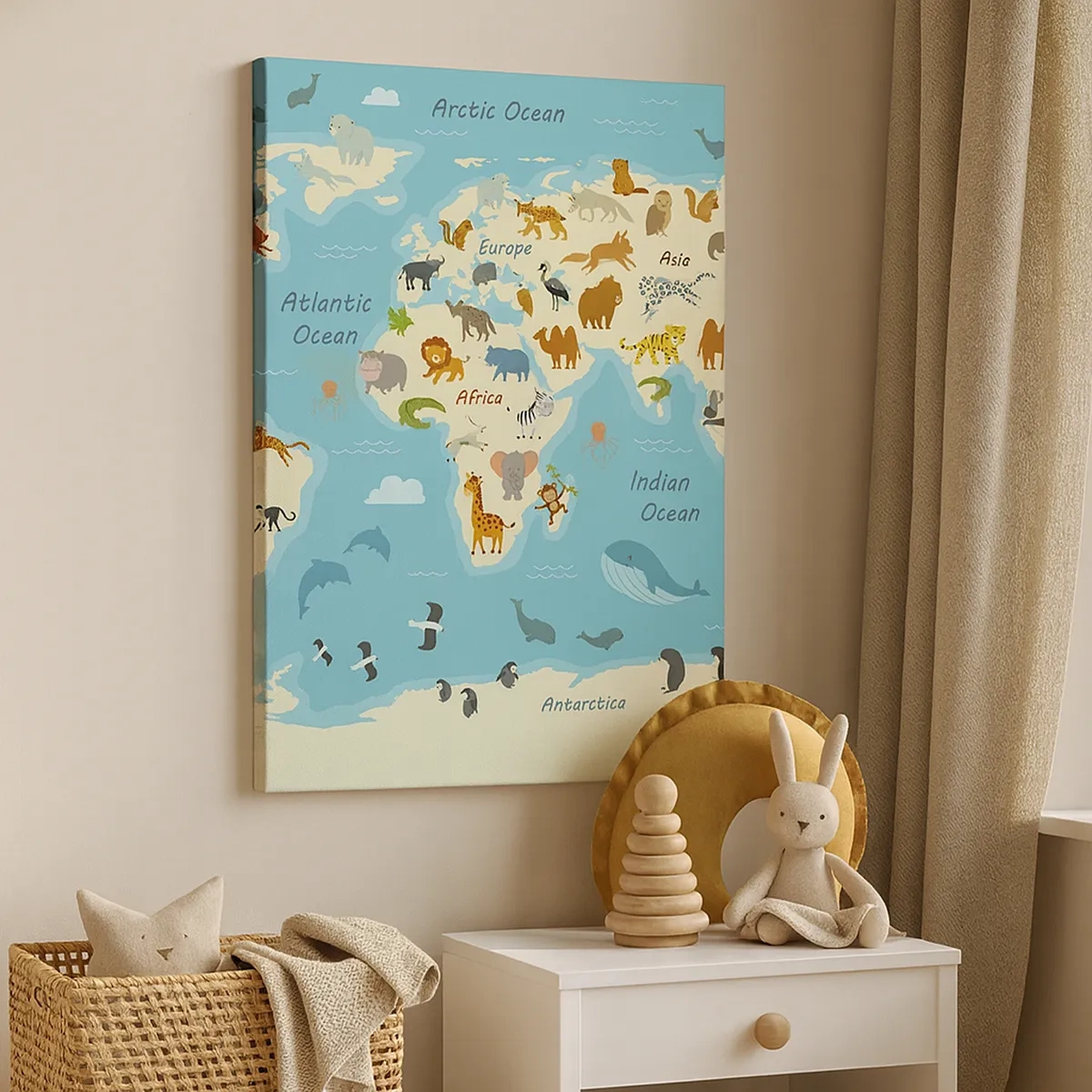 Bild auf Leinwand - Leinwandbild - Weltkarte mit Tierillustrationen - 50x70cm - Gute Nachbarn - Moderne Wanddekoration für Wohnzimmer und Schlafzimmer ARTTOR