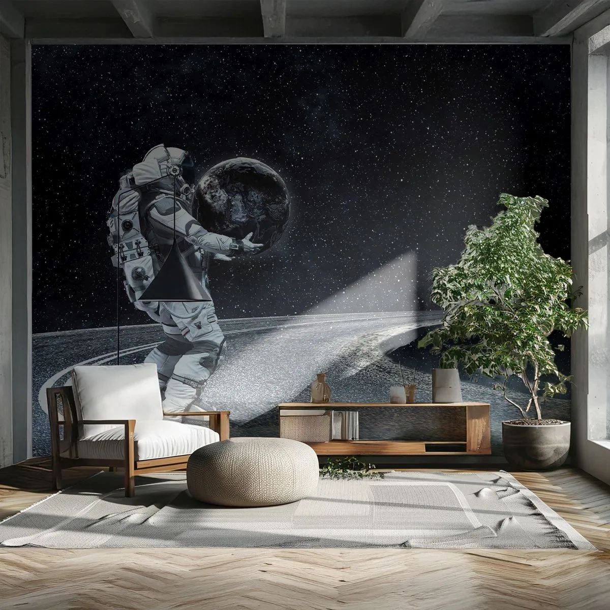 Fototapete Premium Sand - Astronaut trägt die Erde auf einer Reise zwischen den Sternen - 100x70cm - Auf der Milchstraße - Moderne Wanddekoration für Wohnzimmer und Schlafzimmer ARTTOR