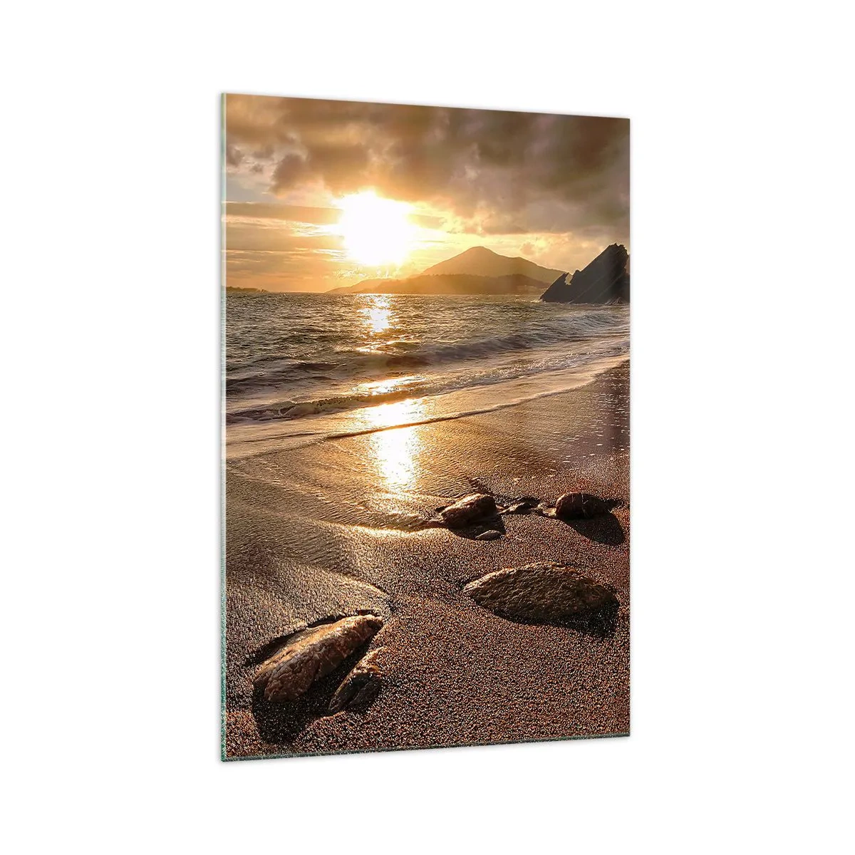 Glasbild - Bild auf glas - Strand bei Sonnenuntergang mit Steinen am Ufer - 70x100cm - Folge der Sonne zu den Hügeln - Moderne Wanddekoration für Wohnzimmer und Schlafzimmer ARTTOR