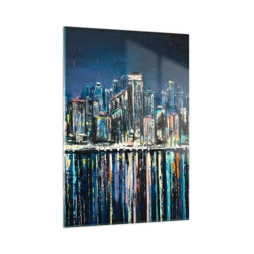 Glasbild - Bild auf glas - Panorama der Stadt bei Nacht mit den im Wasser reflektierten Lichtern - 50x70cm - Kaskade von Lichtern - Moderne Wanddekoration für Wohnzimmer und Schlafzimmer ARTTOR