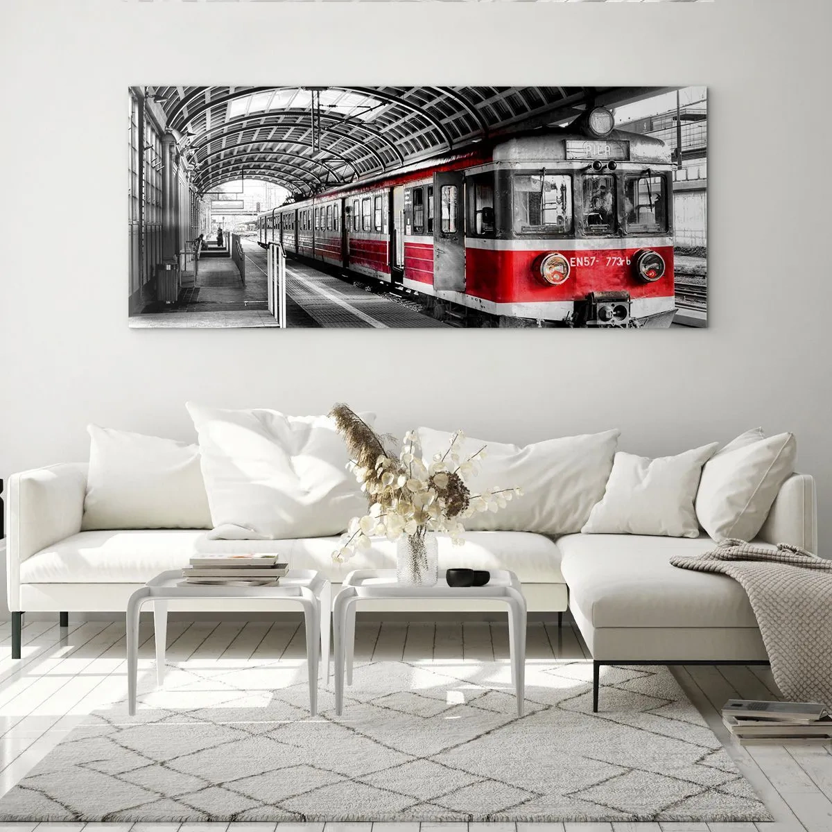Glasbild - Bild auf glas - Roter Zug am Bahnhof unter einem Dach - 120x50cm - Vielleicht ist es eine Reise Ihres Lebens? - Moderne Wanddekoration für Wohnzimmer und Schlafzimmer ARTTOR