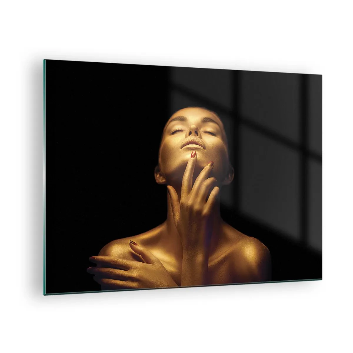 Glasbild - Bild auf glas - Porträt einer Frau in goldenen Farbtönen - 70x50cm - Wie goldene Seide - Moderne Wanddekoration für Wohnzimmer und Schlafzimmer ARTTOR