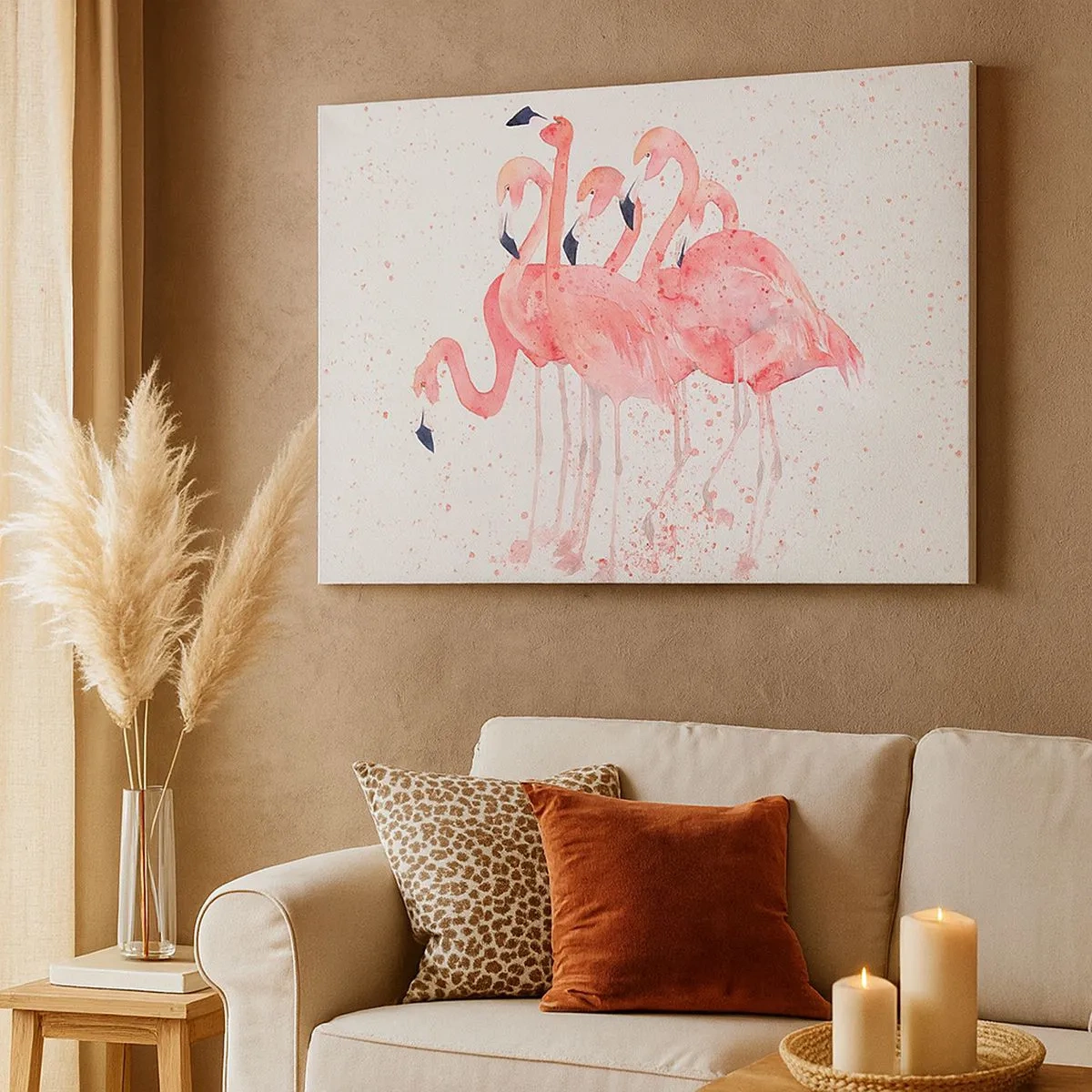 Bild auf Leinwand - Leinwandbild - Rosa Flamingos im künstlerischen Aquarellstil - 70x50cm - Rosa Ensemble - Moderne Wanddekoration für Wohnzimmer und Schlafzimmer ARTTOR
