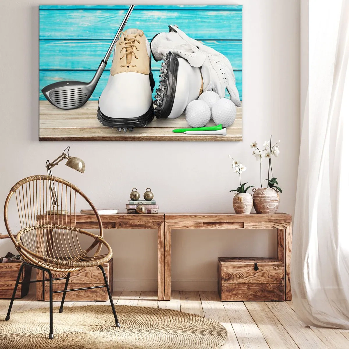Bild auf Leinwand - Leinwandbild - Ein Set Golfzubehör auf einem hölzernen Hintergrund - 120x80cm - Alles ist bereit - Moderne Wanddekoration für Wohnzimmer und Schlafzimmer ARTTOR