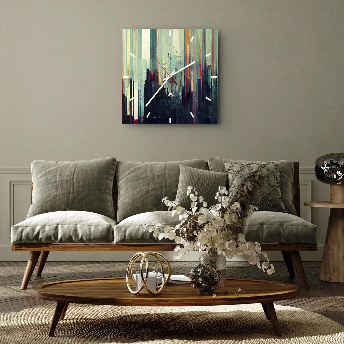 Wanduhr - Glasuhr - Abstraktion mit vertikalen Linien und einer Stadtsilhouette - 30x30cm - Futuristische Stadt - Moderne Wanddekoration für Wohnzimmer und Schlafzimmer ARTTOR
