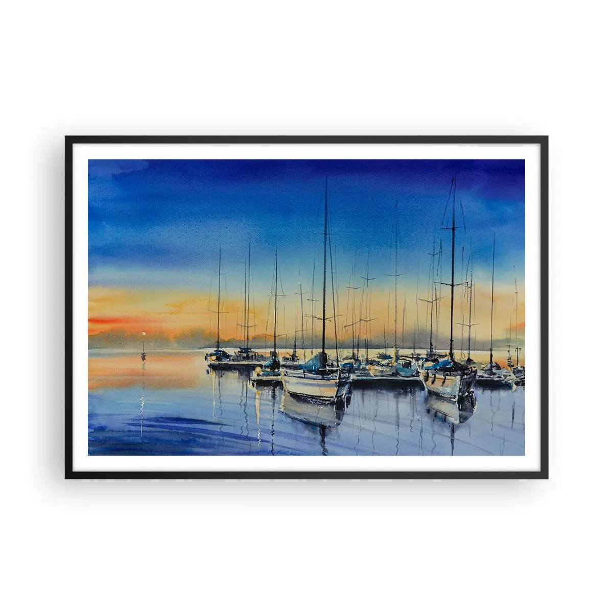 Poster in einem schwarzem Rahmen - Yachthafen bei Sonnenuntergang mit Spiegelungen auf dem Wasser - 100x70cm - Ende eines guten Tages - Moderne Wanddekoration für Wohnzimmer und Schlafzimmer ARTTOR